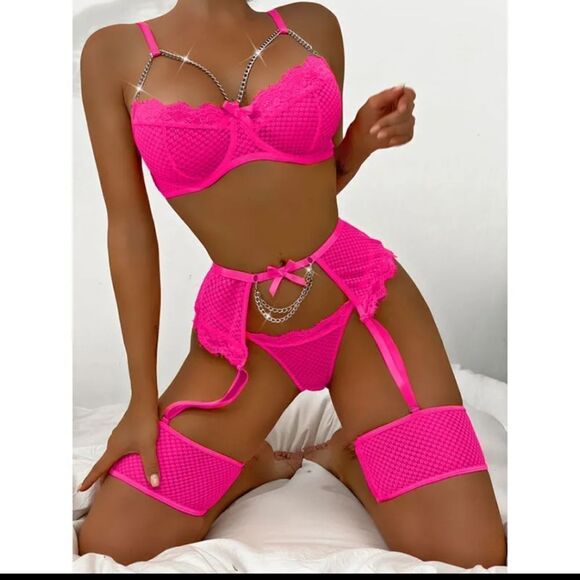 NWOT 5 Piece Pink Mesh Garter Harness Set- Size L - Picture 1 of 1